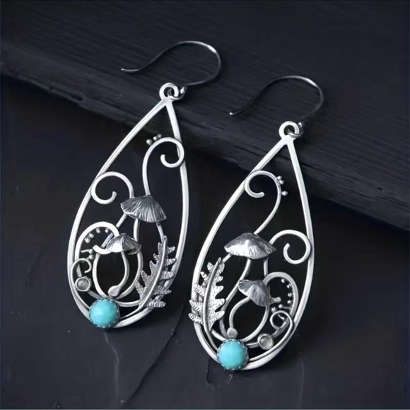 1 LEFT! Silver Bohemian Turquoise Drop Hoop Earrings - Picture 5 of 6